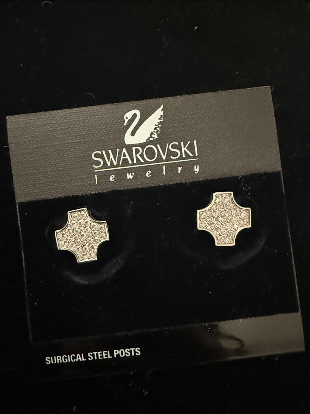 New Vintage Swarovski Crystal Silver Tone Pave Cross Stud Earrings